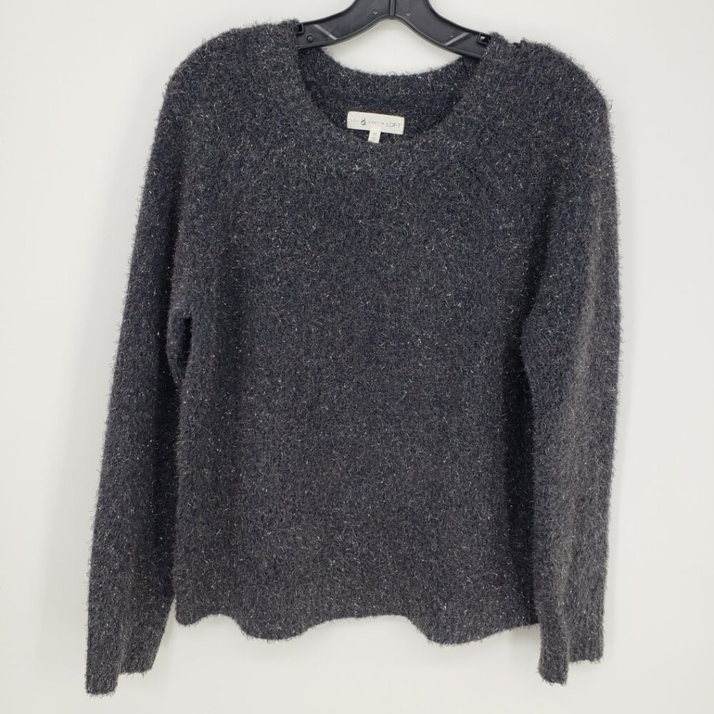 Lou & Grey Loft Metallic Fuzzy Eyelash Knit Sweater M Pullover Crew Neck Gray